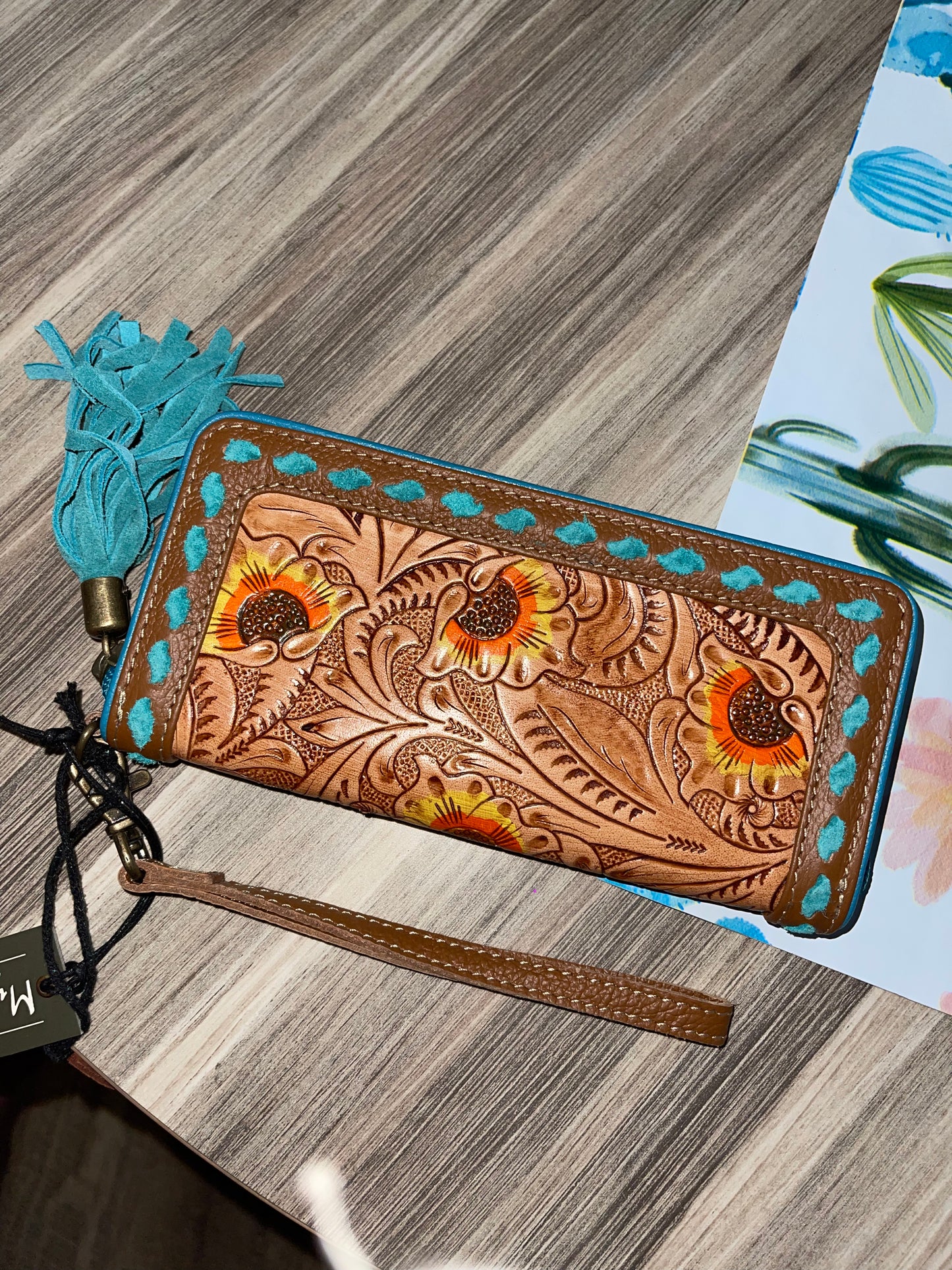 Teal tooled sunflower wallet