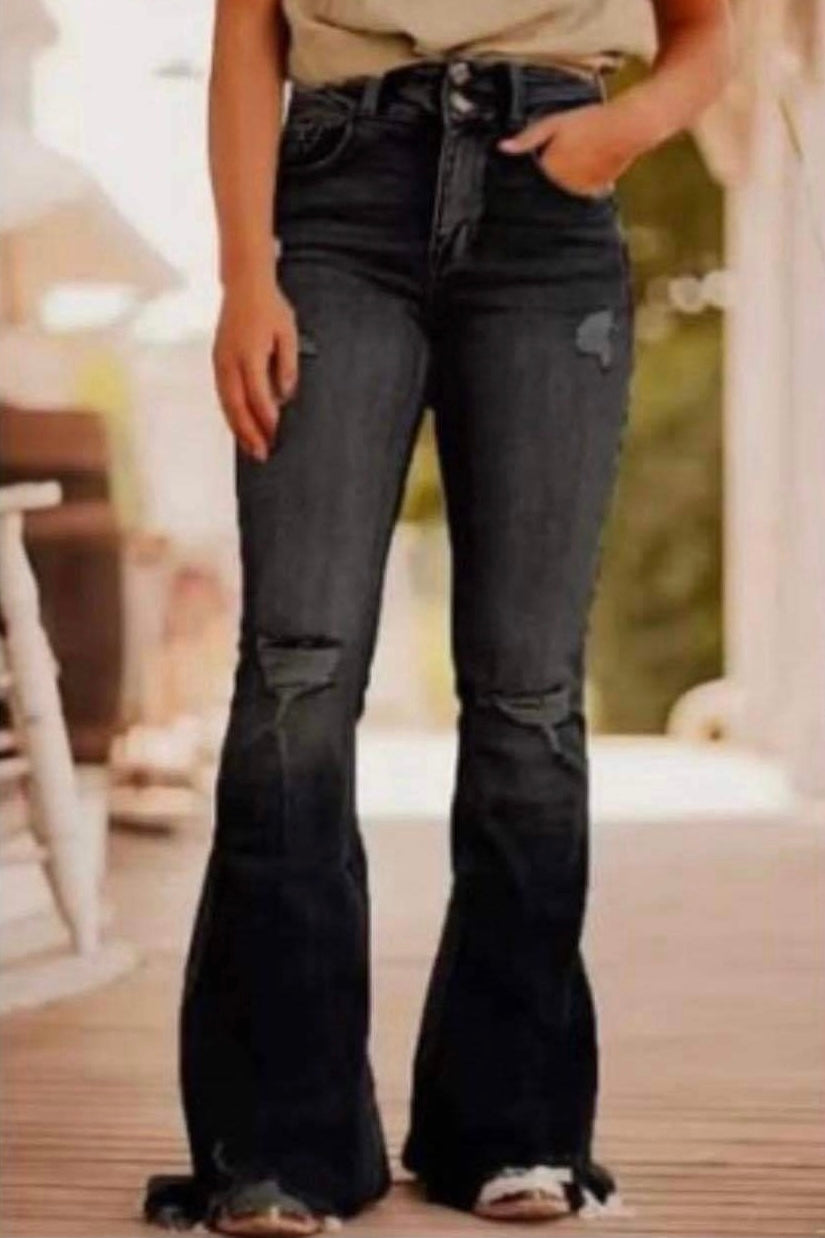 Black distressed flare jeans